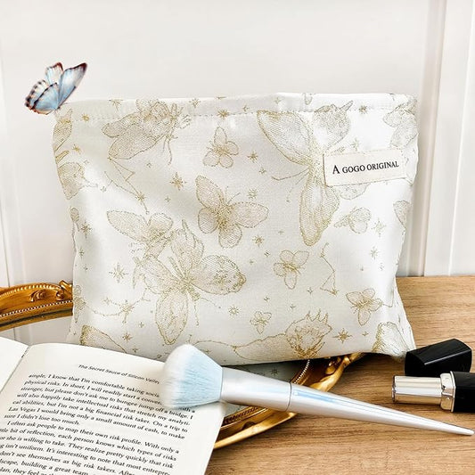 STARDW Aesthetic Floral Makeup Bag Cute Small Cosmetic Bags for Women Girls, Travel Toiletry Bag Large Capacity Zipper Makeup Pouch, Purse Organizer Pouches (Butterfly White)
