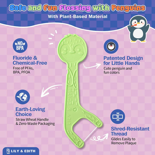 LILY & EDITH Straw Wheat Kids Flossers 160ct, Plant Based Dental Floss Picks for Children, Fluoride & Chemical Free(PFA Free), Penguin Flossing Sticks for Toddler, Paper Package, Unflavored