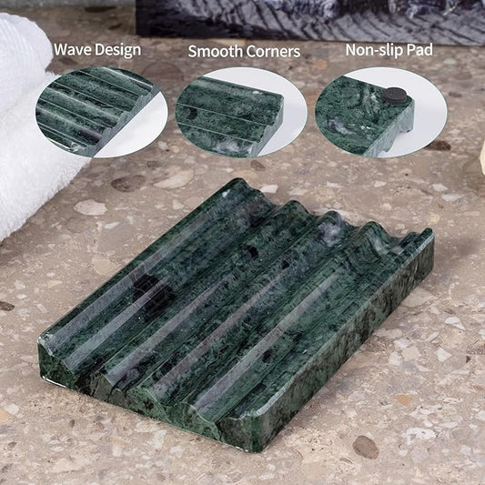 Soap Holder, Marble Soap Dish for Shower, Green Bar Soaps Holder with Water Ripple Design, Easy Cleaning Soaps Saver for Kitchen Sink,Bathroom, Executive Indian Natural Stone Soap Tray