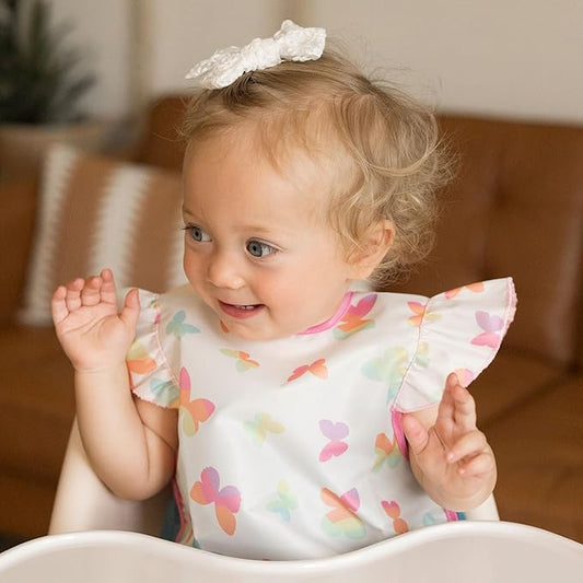 Tiny Twinkle Mess-Proof Baby Bibs for Eating | Waterproof, Wipeable Toddler Bibs with Catch-All Pocket | Feeding Bibs for Girls & Boys(3 Pack,Butterfly)