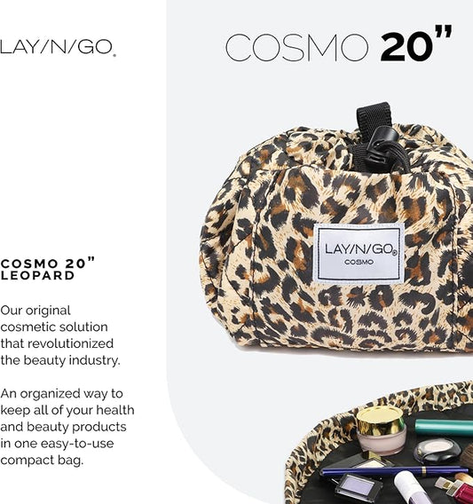 Lay-n-Go Cosmo Layflat Drawstring Cosmetic & Makeup Bag Organizer w/Zipper Pocket, Brush Loops & More, Cinch to Close, Lay Flat to Use, Durable, Machine Wash, Travel Toiletry Bag (20", Leopard)