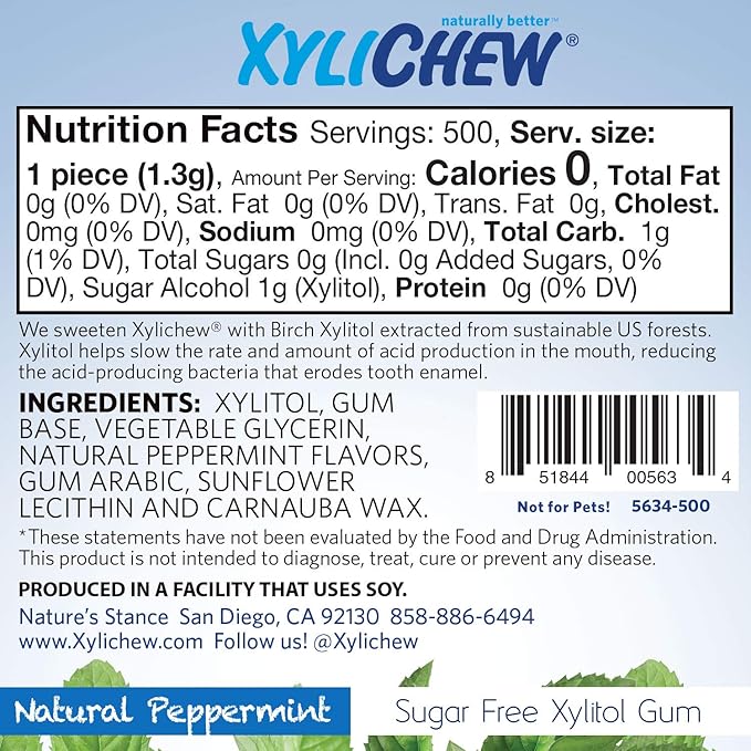 Xylichew 100% Xylitol Chewing Gum - Non GMO, Non Aspartame, Gluten Free, and Sugar Free Gum - Natural Oral Care, Relieves Bad Breath and Dry Mouth - Peppermint, 500 Count