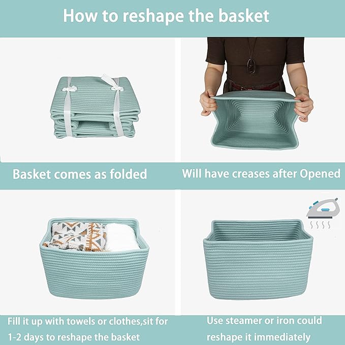 Cotton Rope storage Basket Bins Woven Basket for Organizing Shelves 14.5X9.5X9.3" Rectangle Decorative Baskets For storage Clothes Toys Books Towels Nursery basket organizer 3 pack Green