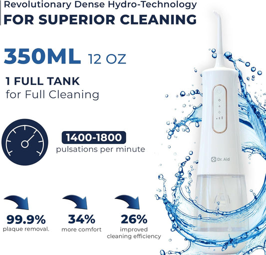 Dr. Aid Dental Water Flosser – Portable Oral Irrigator – 12Oz Tank, Water Filter, 5 Tips, Type C Charger – IPX8 Waterproof Cordless Water Flosser, Ideal Water Flossers for Teeth, Gums, Braces (White)