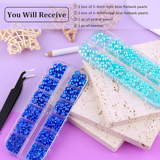 2 Boxes Flat Back Pearls Kit 19 Flatback Blue Series Half Round Pearls 2-8mm with Pickup Pencil and Tweezer for Home DIY and Professional Nail Art, Face Makeup and Craft