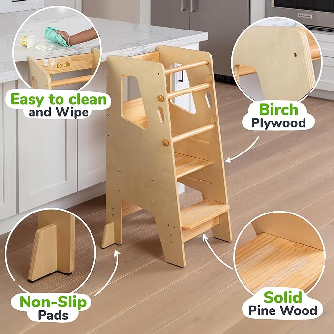 OCODILE Toddler Standing Tower - Adjustable Height Toddler Kitchen Stool Helper - Ideal Kids Kitchen Step Stool for Learning New Skills - Updated Design with Safety Feet - Varnished