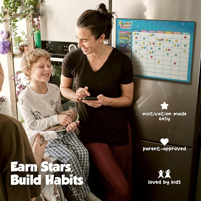 inamio Magnetic Kids Responsibility Reward Chart - Engaging 3D Stars & Chore Tasks - Behavior Chart for Home & School - Ideal for Ages 3-9, Multiple Kids