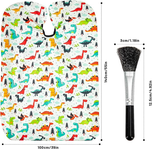 Gealaek Kids Haircut Cape and Neck Duster Brush Set with Dinosaur Pattern Kids Barber Cape 55x40 Inches for Boys & Girls Salon Cape Kit (White)