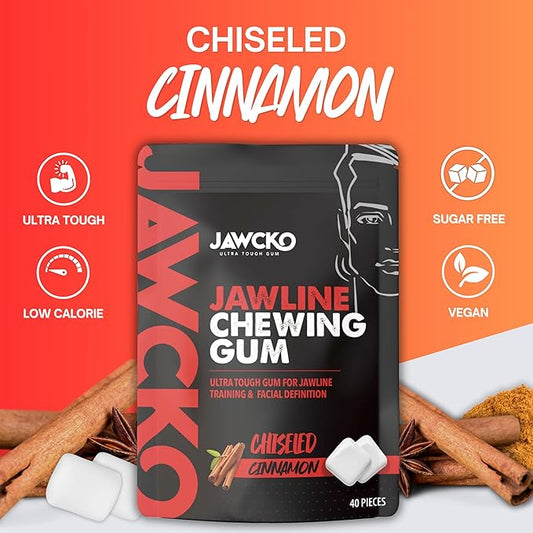 JAWCKO Ultra-Tough Jawline Chewing Gum | Get a Stronger, Squarer Jawline | Cinnamon Jaw Training Hard Gum | 15X Strength | Chisel, Sculpt, & Tone your Jaw | Facial Fitness Mewing Gum | 40 Pieces/Pack