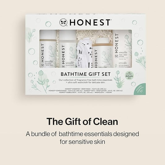 The Honest Company Fragrance Free Bathtime Gift Set | Hypoallergenic Bath Essentials for Sensitive Skin | Shampoo + Body Wash, Face + Body Lotion, Bubble Bath, Conditioner, Wash Cloth