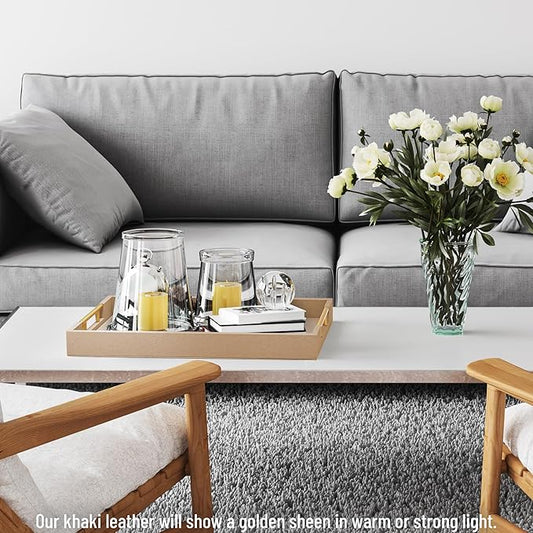 17" x 12" Wood Serving Tray with Gold Polished Metal Handles, Home Decorative Wooden Rectangle Ottoman Leather Decor Platter Bathroom Vanity Tray for All Occasions Khaki