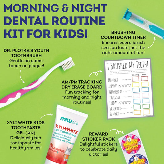 MOUTHWATCHERS Childrens Dental Care Kit: Toothbrush for Kids, 3 oz Strawberry Fluoride Free Toothpaste, Dry Erase Checkboard, Timer, Stickers, Manual Flossing Toothbrushes Gift Set, by Dr. Plotka's