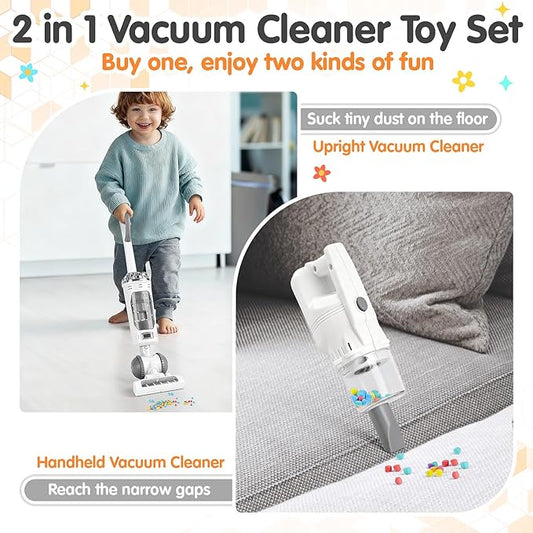 Kids Vacuum Cleaner Toy Set for Toddlers - 2PCS Toy Vacuum Sets for Toddlers 3+ Toddler Vacuum Toy That Works with Sound Effects, Baby Play Vacuum Pretend Role Play Household Housekeeping (White)