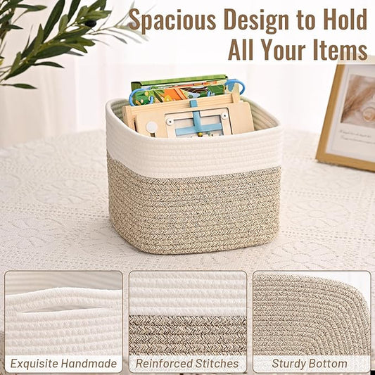 3 Pack Cube Storage Bin, 9”x9”x7” Cotton Rope Woven Baskets for Organizing Toys Clothes Towels, Square Gift Storage Baskets for Shelf, Nursery, Closet, Bathroom, Pantry (White & Jute)