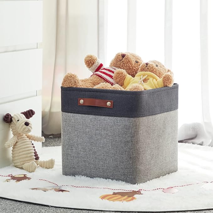 HNZIGE Storage Foldable Baskets Cubes Set(3 Pack) Fabric Bins for Shelves,13 Inch Storage Basket for Organizing with Leather Handles for Home, Toys, Clothes, Kids Room, Closet Storage(Black&White)