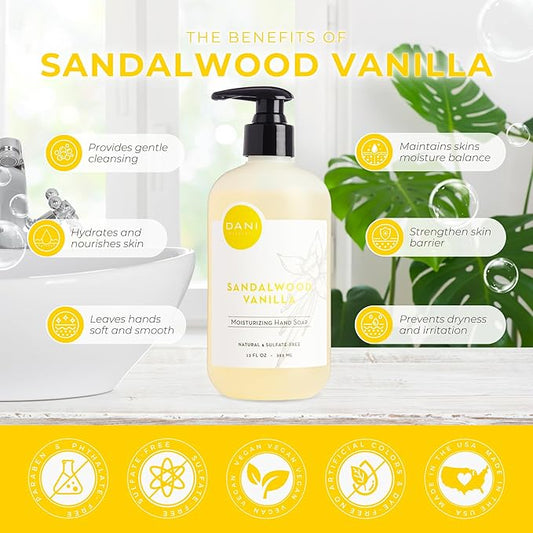 DANI Naturals Moisturizing Hand Soap – Sandalwood Vanilla Scent, Hydrating, Sulfate-Free & Paraben-Free, 12 Oz Bottle with Pump, Gentle Cleansing for Dry Skin