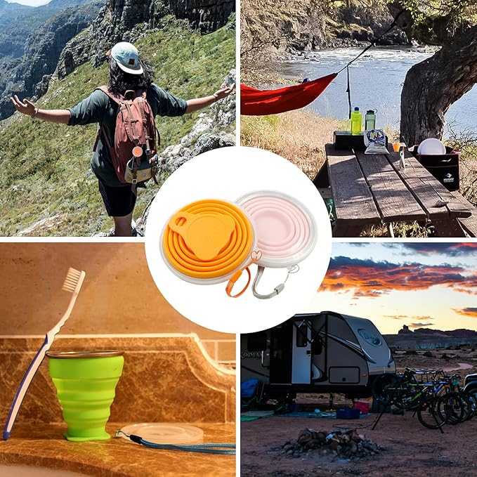 Litoexpe 2 Pack Silicone Collapsible Travel Cup Portable Folding Camping Cup Sets with Lids, Pink & Orange