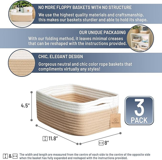 NaturalCozy 11.8"x8"x4.5” Storage Baskets for Shelves 3 Pack | Cotton Rope Woven Small Baskets for Organizing | Small Storage Bins for Nursery, Bathroom, Closet, Cube Shelf, Decorative, Gift Basket