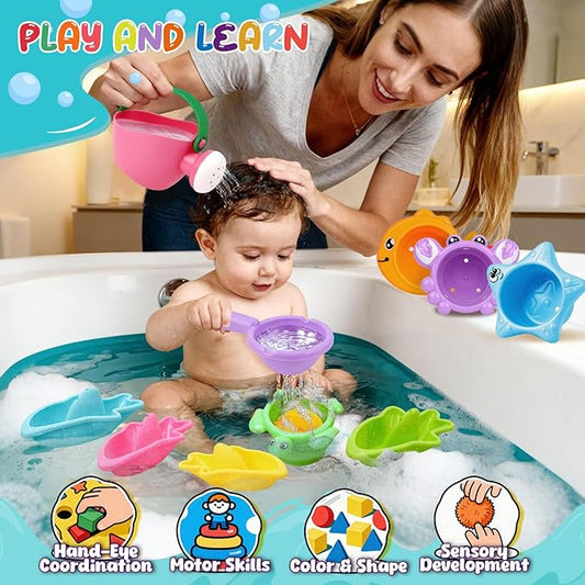10 Pcs Bath Toys for Kids Ages 1-3, Bathtub & Pool Water Toys for Toddlers 1-3 & Babies 12-18 Months, Water Table Accessories with Floating Boats, Stacking Cups & Pouring Fun for Boys Girls