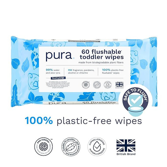 Pura Flushable Toddler Wipes 1 x 60 Wipes, 100% Plastic Free, 99% Water, Hypoallergenic & Fragrance Free, Totally Chlorine Free, Kids Toilet Wipes, Sensitive Skin