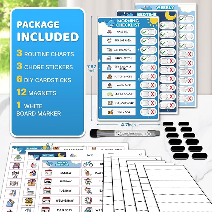 Upgraded Slider 3 in 1 Bedtime/Morning/Weekly Routine Chart for Kids, Magnetic Chore Chart for Kids with 99 Stickers, Cute Visual Schedule for Kid