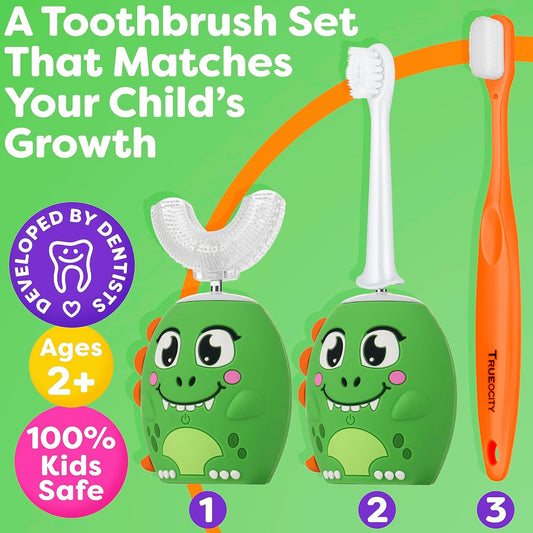 Trueocity Kids U Shape Toothbrush Auto Electric Toddler Rechargeable Kids Automatic Toothbrush | 360° U-Shaped Silicone Brush Head | Gentle Cleaning for Ages 2–7 | Dinosaur Design (Green)