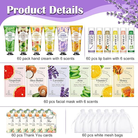 60 Pack Bulk Lip Balm, Facial Mask and Hand Cream Sets, Stocking Stuffers for Women, Christmas Gifts and Bridesmaid Gifts for Guests, Birthday Gifts, Adult Party Favors and Small Gifts for Women