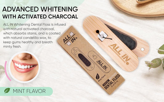 ALL IN Waxed Charcoal Floss with a Refillable Dental Floss Holder - Plant Based, No PFAS - Mint Floss for Effective Plaque Removal, Clean Teeth, Fresh Breath - 32 yd (2)