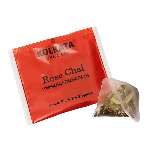 Kolkata Chai - Rose Chai Tea Bag, 15 Count, Premium Assam Black Tea and Spices, Compostable Tea Bags, Vegan, All Natural