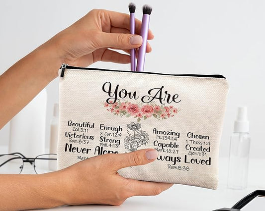 kdqua Christian You are Enough Makeup Bag, Feminist Gift Inspirational Bible Verse Linen Cosmetic Bag Zipper Pouch Travel Organizer Toiletry Bag, Religious Gifts Idea for Women Mom Coworker Friends