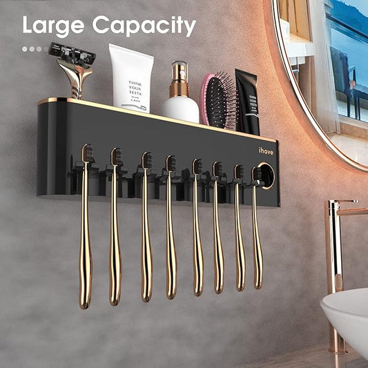 iHave Toothbrush Holders Bathroom Accessories with Toothpaste Dispenser, 4 Cups Toothbrush Holder Wall Mounted Bathroom Decor