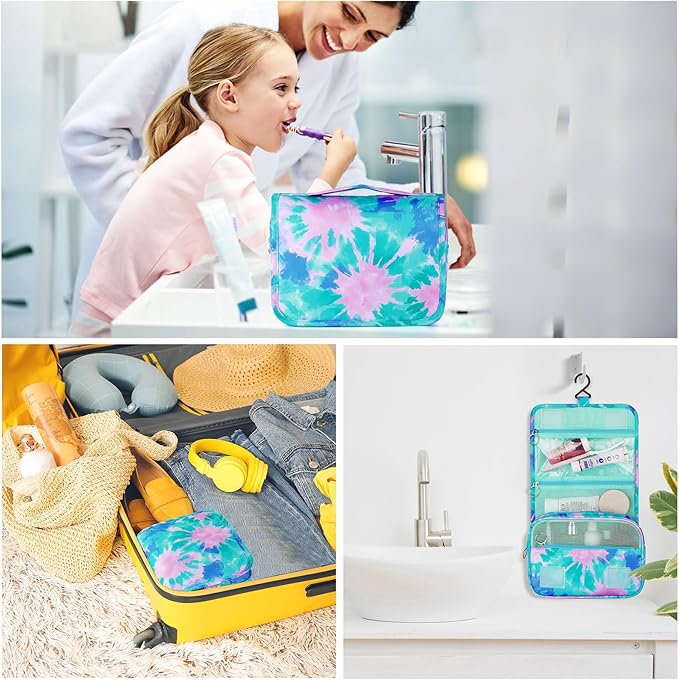 Tie Dye Hanging Toiletry Bag for Girls, Travel Toiletry Bag for Teen Girls Cosmetic Makeup Waterproof Wash Bag Traveling Toiletries, Green Teal