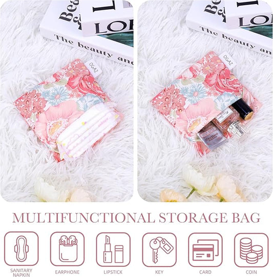 DGAZ Sanitary Napkin Storage Bag, Period Bag for Teen Aged Girls, Portable Period Bag for Panty Liners/Menstrual Cup/Small Tampons,Mini Makeup Bag for Purse(Blooming)