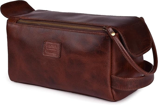 LEATHER VILLAGE Premium Leather Travel Toiletry Bag - Unisex Water-Resistant Travel Bag for Toiletries, Shaving & Cosmetic Organizer for Men & Women - Compact Bathroom Essentials - Cherry Brown