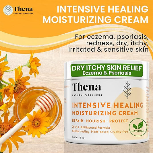 Thena Healing Cream Intensive Moisturizing Dry Irritated Itchy Skin Relief - Hydrates Soothes Nourishes Hands Body Scalp, Natural Moisturizer for Eczema Psoriasis Dermatitis, Adults & Kids