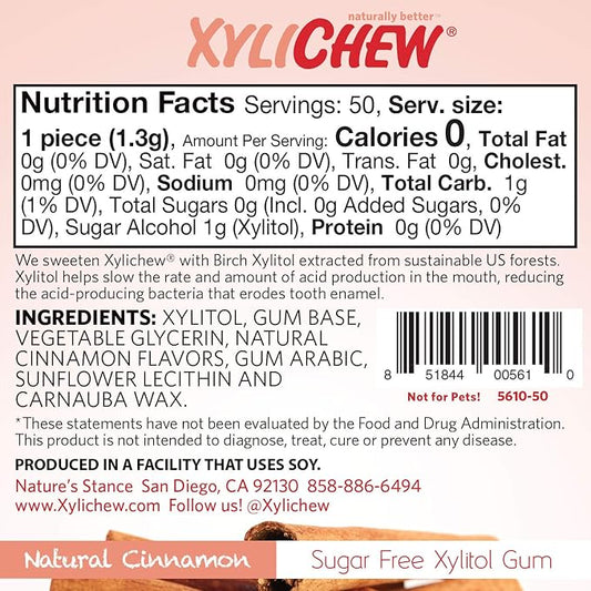 Xylichew 100% Xylitol Chewing Gum - Non GMO, Non Aspartame, Gluten Free, and Sugar Free Gum - Natural Oral Care, Relieves Bad Breath and Dry Mouth - Cinnamon, 50 Count