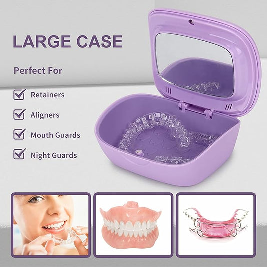 MURRI&MURRDI Retainer Case, Denture Bath Box with Strainer Basket, Mouth Guard Case, Braces Cleaner Cup, Cute Denture Holder Nightguard Storage Soak Container for Travel Cleaning (C Purple)