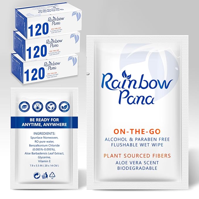 RainbowPana Flushable Wipes, 360 Count, ON-THE-GO Individually Wrapped - Butt Wipes for Women and Men, Travel Wipes for Family - Infused with Vitamin E and Natural Aloe, pH Balanced
