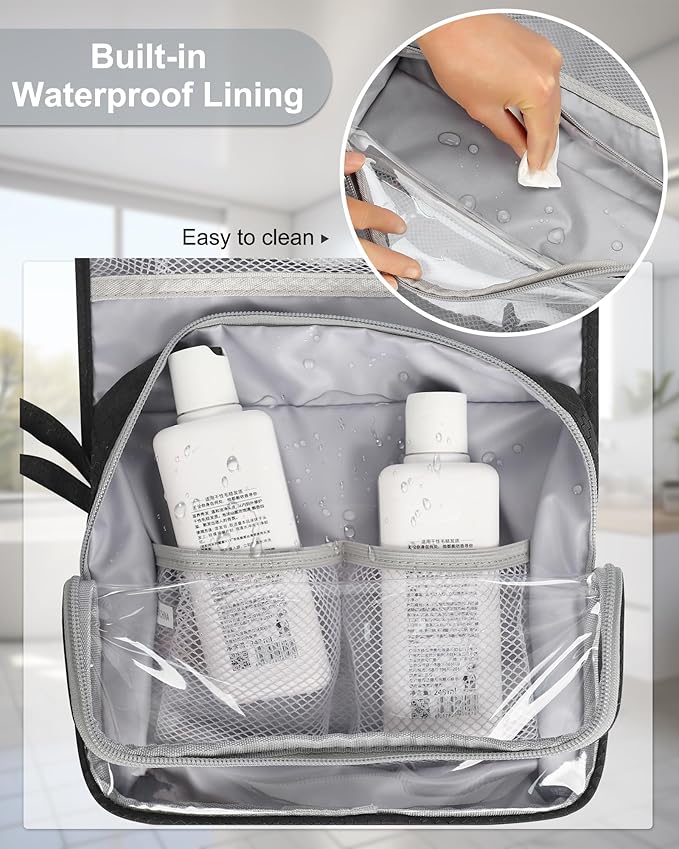 Small Hanging Toiletry Bag for Men and Women, Portable Hanging Organizer for Travel-Sized Shower Dopp Kit, Makeup Accessories, Waterproof Toiletries Organizer with 3 Compartments for Outdoor - Black
