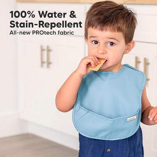 3-Pack Waterproof Baby Bibs for Eating - Lightweight Toddler Feeding Bibs with Large Food Catcher, Mess Proof, Food-Grade Baby Eating Essentials, Easy to Put On & Clean (Basics)