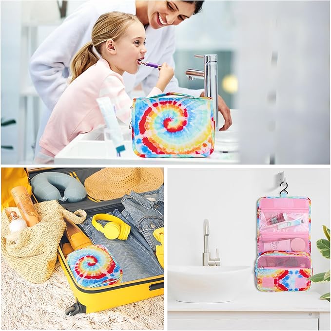 Kids Hanging Toiletry Bag for Girls, Travel Toiletry Bag for Little Young Girls Cosmetic Makeup Waterproof Wash Bag Toddler Traveling Toiletries, Tie Dye Pink