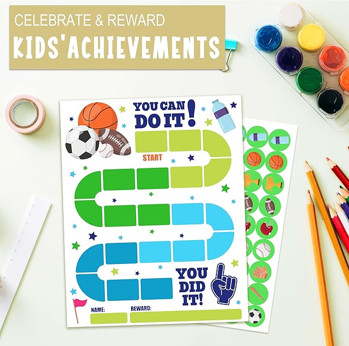 10 Sports Reward Chart with 216 Round Stickers, Incentive Behavior Chart for Kids at Home Classroom, Kids Routine Daily Chore Sticker Chart-A14