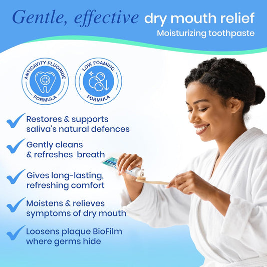 SALIVEA Gentle Toothpaste for Dry Mouth Care, 4.3 oz Tube, 2 Pack, Anticavity with Fluoride, Natural Salivary Enzymes, Vitamin E & Aloe Vera, Cleans, Moisturizes & Refreshes Breath, Soothing Mint