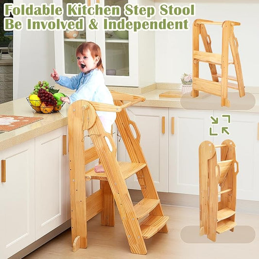 FUNLIO Foldable Montessori Child Standing Tower for Learning, 3 Adjustable Heights Step Stool - Natural