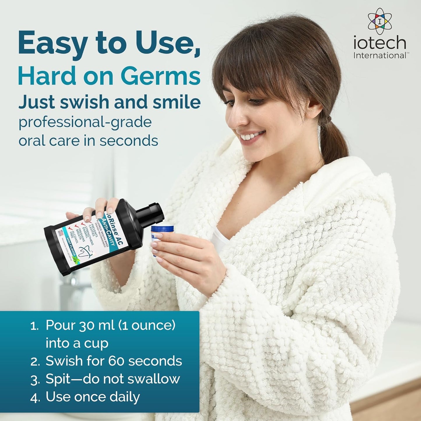 ioRinse AC Anticavity Fluoride Mouthwash - Alcohol-Free Molecular Iodine Mouth Wash Fights Tooth Decay & Protects Enamel - Safe Mint Rinse for Sensitive Mouths - Potent Bad Breath Protection 16 oz