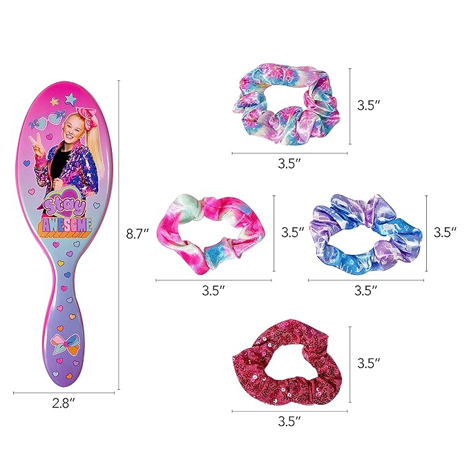 LUV HER Nickelodeon Jojo Siwa Hair Brush & 4 Scrunchies - Girls 9inc Hair Set, Detangling Brush for Thick Curly Thin Wet or Dry Hair - Hair Accessories for Kids Ages 3+