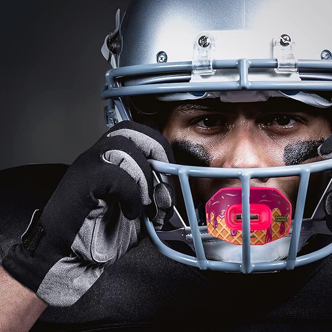 DAMAGE CONTROL Youth Football Mouth Guard – Breathable No Boil Mouthpiece, Protects Lips & Teeth, Works with Braces, Includes Helmet Strap – Sports Gear & Accessories (Brain Freeze)