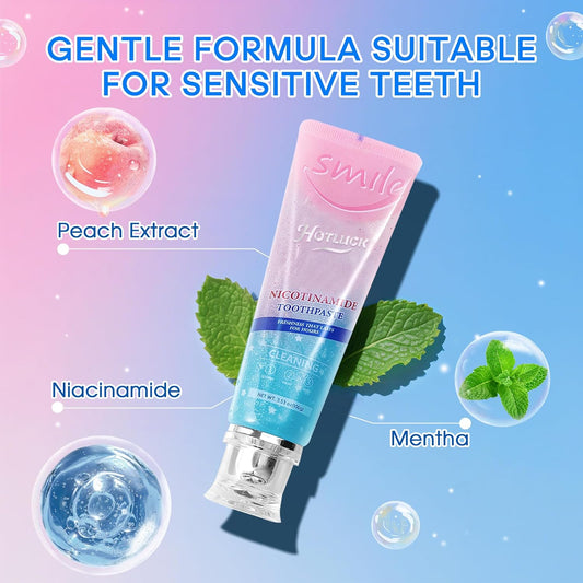 Hotluck Niacinamide Whitening Toothpaste - Brightening, Stain Removal, Freshening Breath - Deep Gentle Cleaning Tooth Paste, Boosting Gum Health, Mint & Peach 3.53oz (Pack of 3)