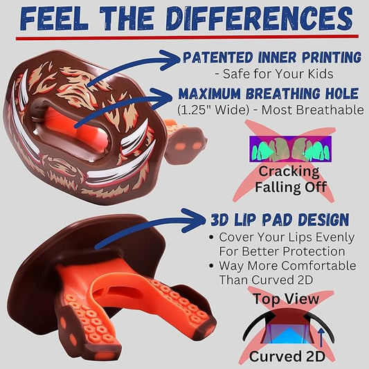 Oral Mart Flag Football Mouth Guard with 3D LipFit Design for Kids - Youth Tackle Football Mouthguard (No Boil) Cool Instant Fit Lip Guard Mouthpiece for Braces (Detachable Helmet Strap Included)