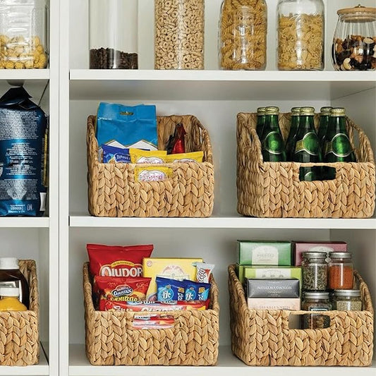 Greenatural Water Hyacinth Storage Baskets Set of 2, Handwoven Rectangular Organizer Trays with Built-in Handles in 2 Sizes, Nested Wicker Bins for Shelf, Bathroom, Kitchen, Office, Natural Decor